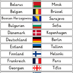 54 Länder in Europa mit Hauptstadt und Flagge